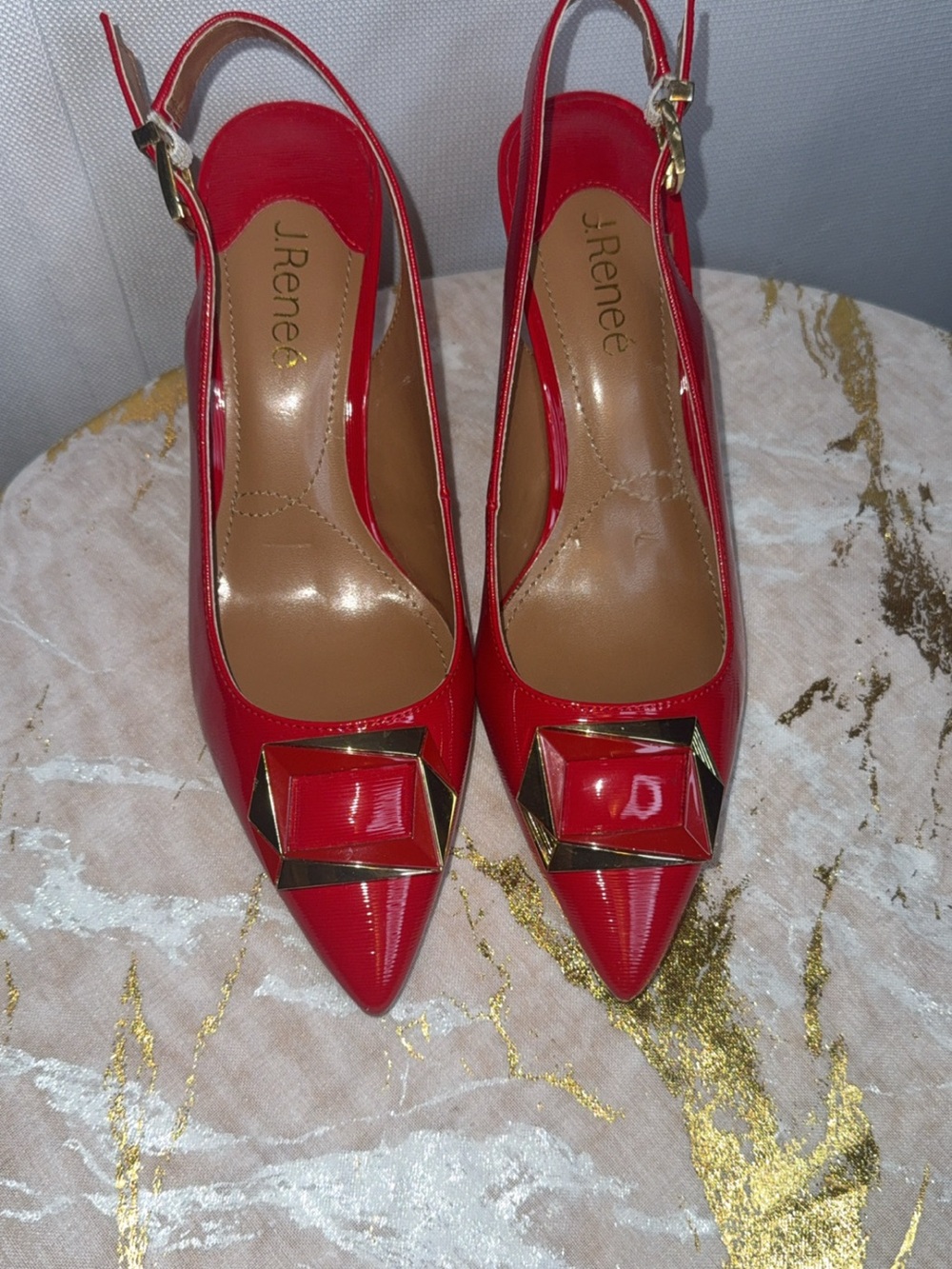 J. Renee Red Pointed Slingback Pumps with Gold Accent- New